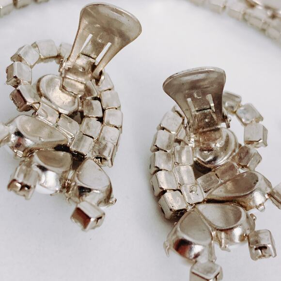 Vintage Mid Century Milk Glass Rhinestone Necklace Earring Set 1950s Jewelry - Picture 9 of 16